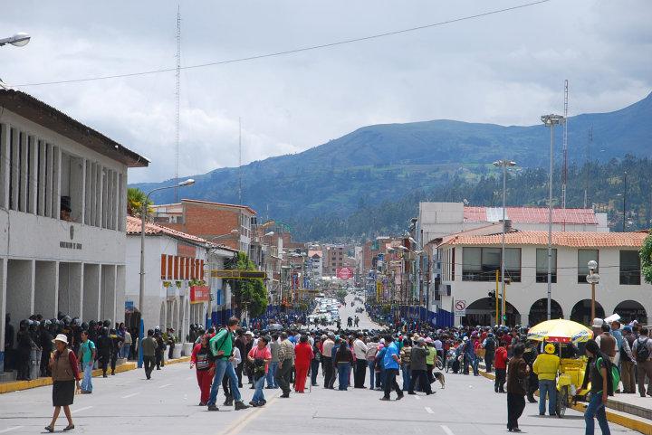 Demonstratie in het centrum van Huaraz